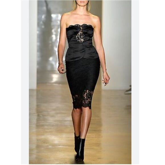 CUSHNIE ET OCHS Strapless Black Duchess Satin Lace Midi Dress Size 6 - Picture 1 of 15